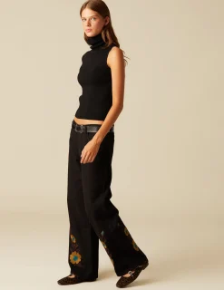 New NÍCOLI PANTALÓN BORDADO FLOR Negros