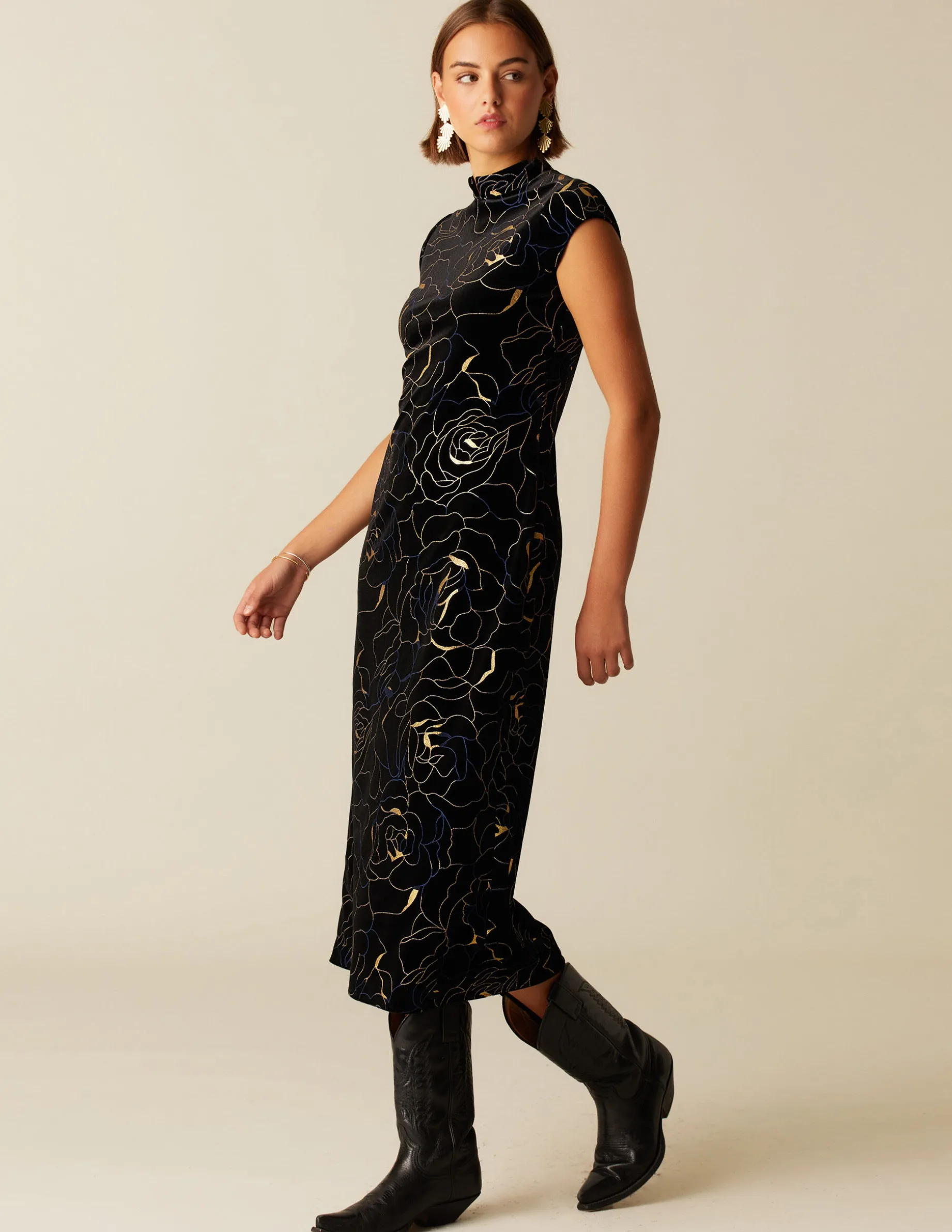 Flash Sale NÍCOLI VESTIDO TERCIOPELO FLOR AZUL/DORADO Azules